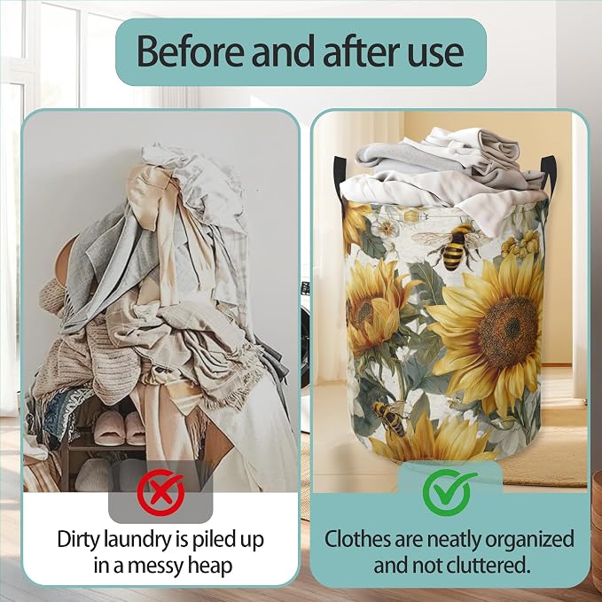 Laundry Hamper Foldable Oxford Cloth Sunflower Bee Laundry Basket With Handle Portable Clothes Storage Organizer Basket Storage Bag For Laundry Room/Bedroom/Bathroom