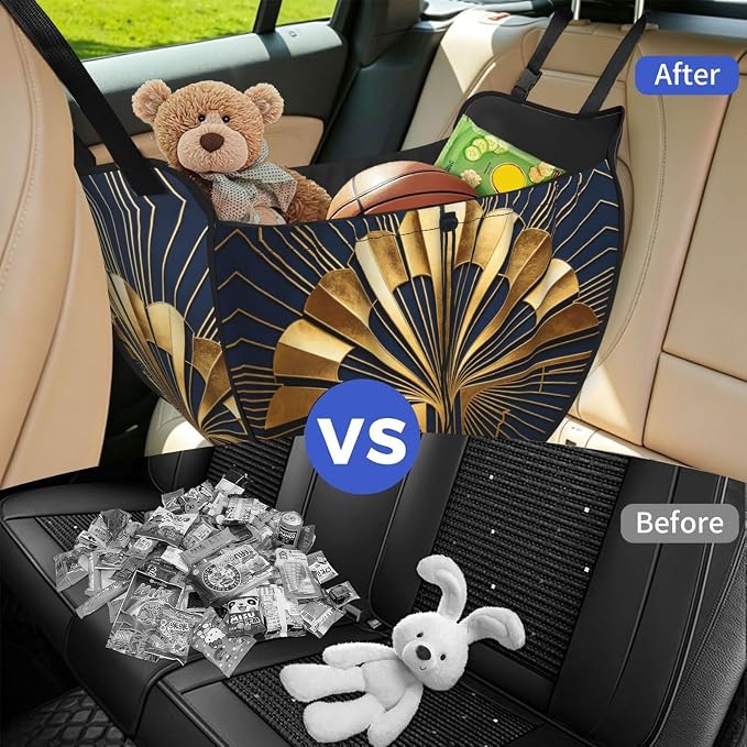 Gold Fan Art Car Seat Organizer-Backseat Storage Bag for Travel | Waterproof Durable. Holds Snacks Gear Essentials. Fits Most Cars.
