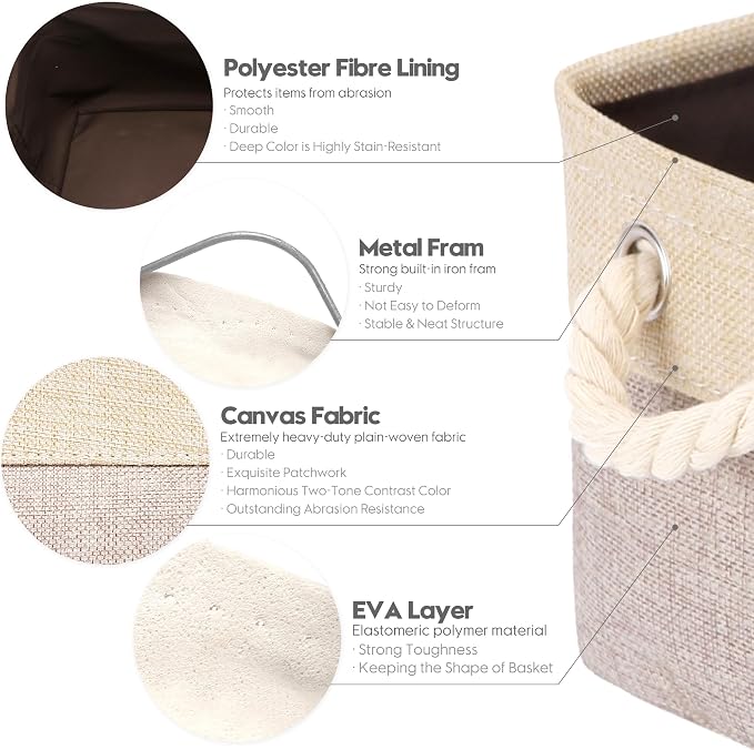 Sea Team Compact Rectangle Canvas Open-Top Storage Baskets, 3-Pack | Collapsible Fabric Storage Bins with Handles, Closet Shelf Organizers, 12 x 8 x 5 Inches, Tan & Beige