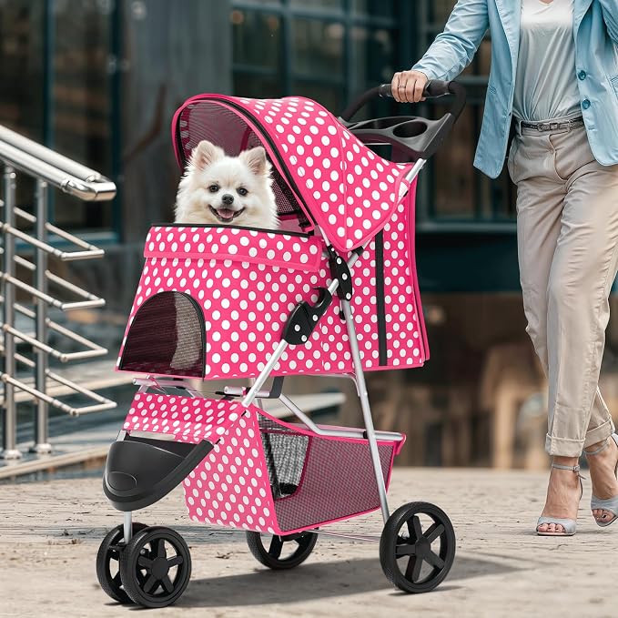Magshion 3-Wheel Pet Stroller for Small/Medium Dogs & Cats, Up to 33lbs | Foldable Travel Jogger w/ Breathable Mesh Cover, Lightweight Design, Safety Tethers, Cup Holder & Storage Basket