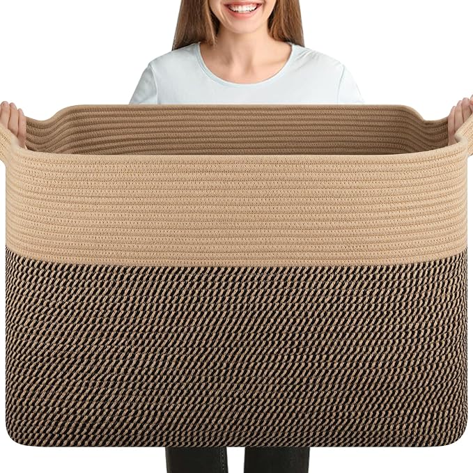 OIASKET 108L Cotton Rope Storage Basket for Living Room and Bedroom 25"x16"x16" Woven Laundry Basket, Heavy Duty Bin for Blankets, Pillows & Toys, Pet-Safe & Scratch-Free, Brown and Black
