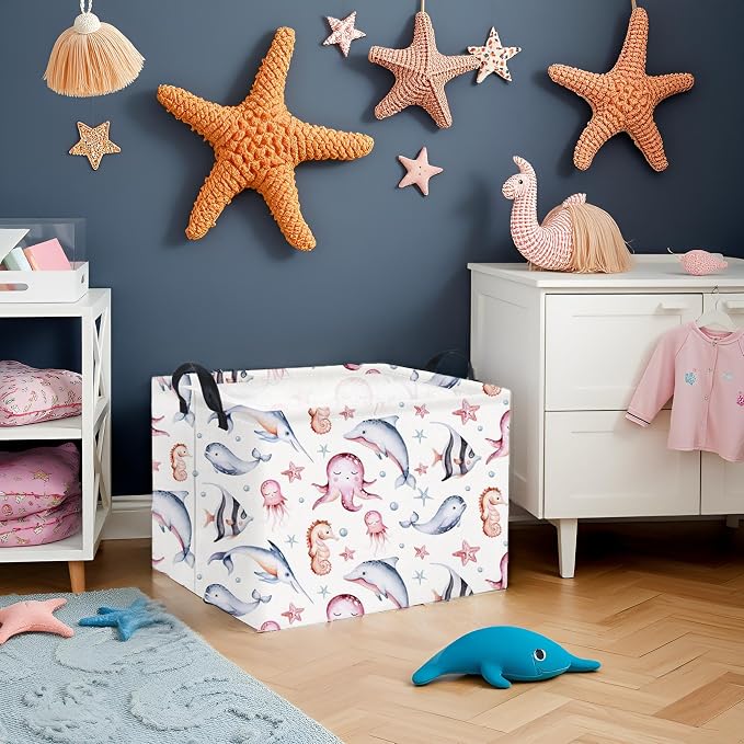 Rectangular Ocean Basket for Kids Baby Basket for Boys and Girls Cute Storage Organizer Bin Box Sea Fishes Room Decor(Sea Fishes)