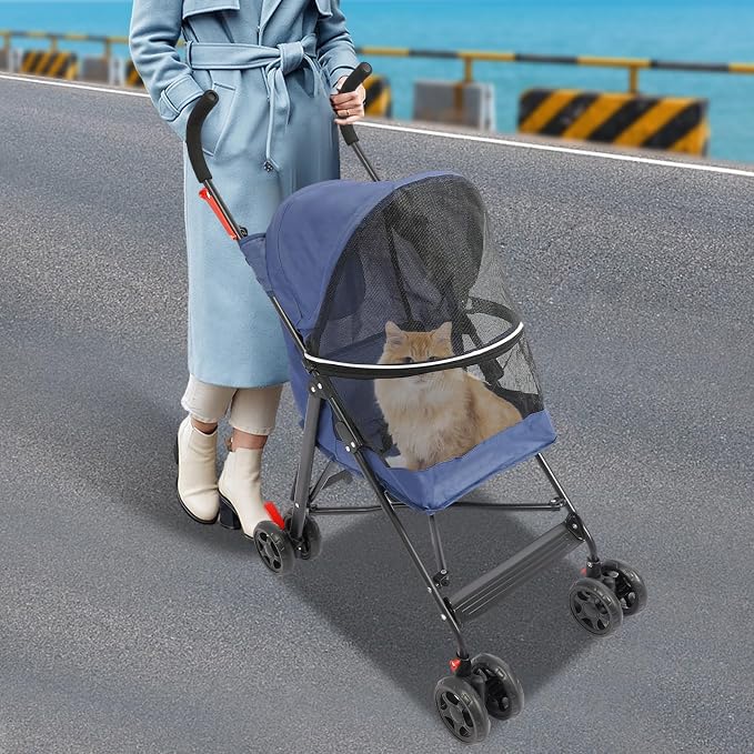 Pet Stroller, Foldable Pet Travel Stroller with Weather Cover, 2 Wheels Pet Strolling Cart for Small Medium Dogs Cats with Cup Holder Breathable Visible Mesh Outdoor Stroller for All-Season (Blue)