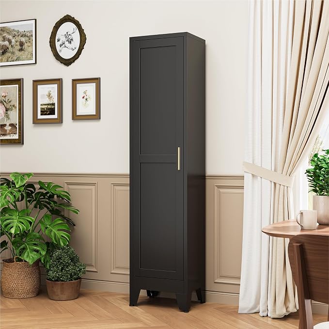 YAUWOH White Narrow Metal Storage Cabinet, Tall Freestanding Cabinet with 4 Adjustable Shelves & Barn Doors, Pantry Organizer for Bathroom Kitchen Home Office Dining Room（1PC,Black）