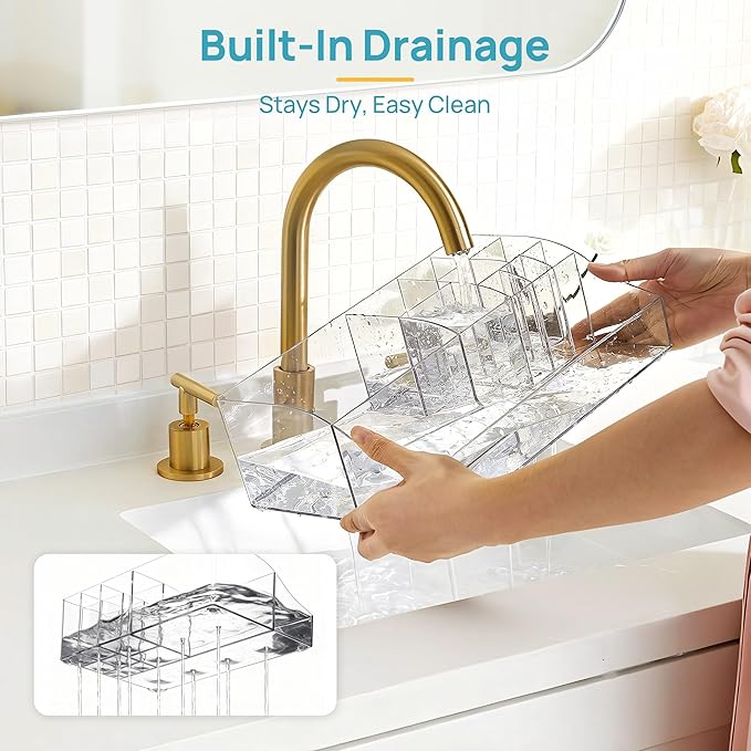 Vtopmart 5 PCS Bathroom Countertop Organizer Sets | 1 Divided Tray, 4 Qtip Holder Jars, Clear, For Toothbrush, Cotton Pads, for bathroom countertop