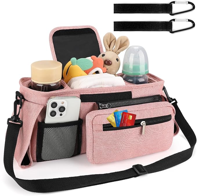 Accmor Universal Stroller Organizer with Insulated Cup Holder Detachable Phone Bag and Shoulder Strap,Stroller Bag Caddy Organizer for Uppababy, Baby Jogger, Britax Strollers