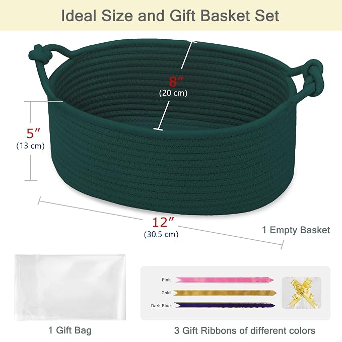 Small Empty Gift Basket with Bag & Ribbons, Dark Green | 12“x8”x5”, Cotton Rope Woven Basket for Birthdays, Baby Showers, Mother's Day, Christmas; Stores Small Items, Kids & Pet Toys