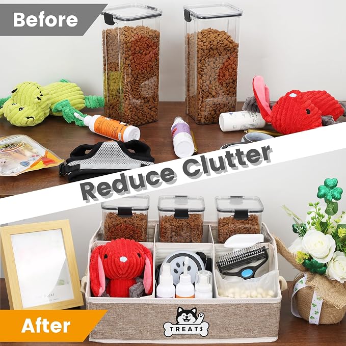 Dog Treat Storage Organizer for Countertop with Fabric Handle and Dividers | Collapsible Dog Treat Container for Living Room Area, Trapezoid Storage Basket for Pet Supplies with Adjustable Dividers