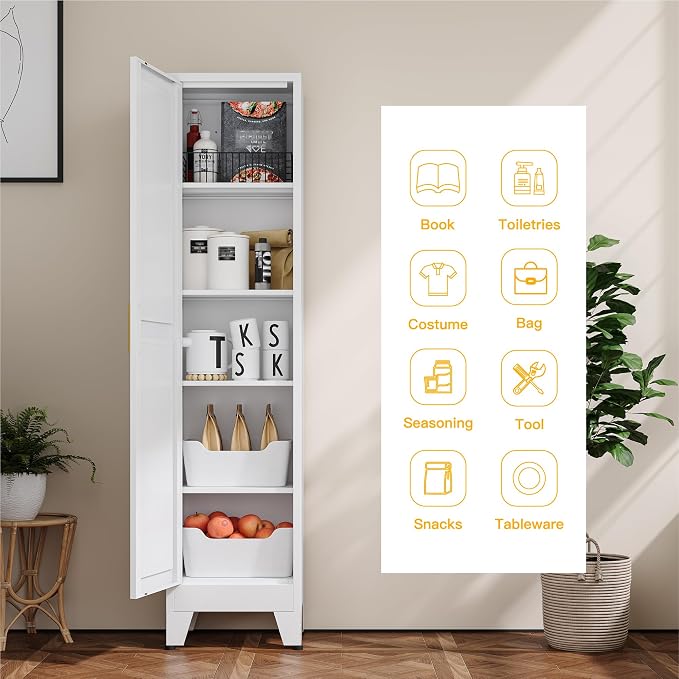 YAUWOH White Narrow Metal Storage Cabinet, Tall Freestanding Cabinet with 4 Adjustable Shelves & Barn Doors, Pantry Organizer for Bathroom Kitchen Home Office Dining Room（1PC,White）