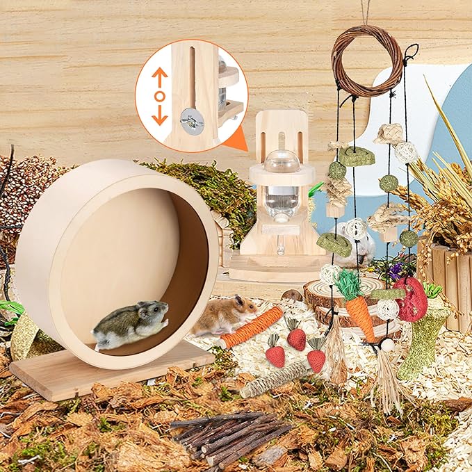 antiai 9.8 Inch Wooden Hamster Exercise Wheel Set,Silent Wheel Quiet Spinner Hamster Running Wheels,Hamster Water Feeder Accessories Chew Toys for Hamsters, Gerbils, Mice and Other Small Pets,9 pcs