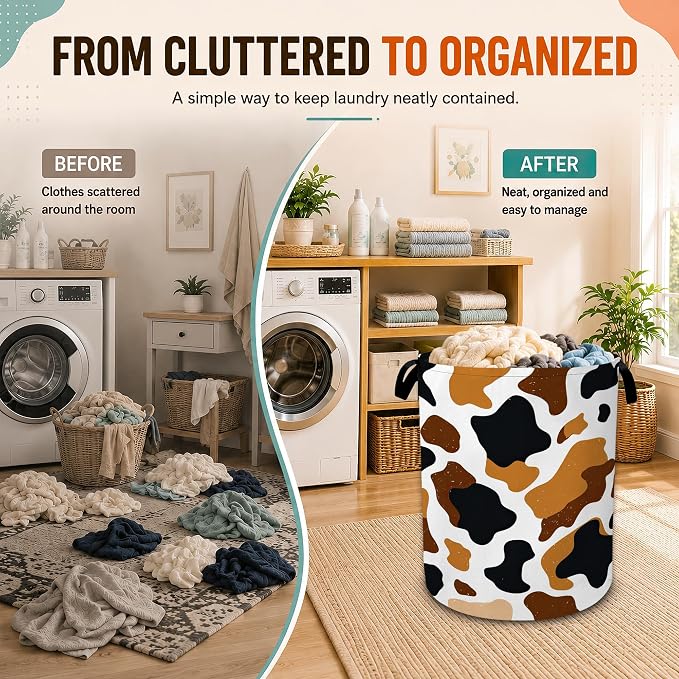 Cow Skin Laundry Basket with Handles,Black Brown Foldable Oxford Laundry Hamper,Collapsible Clothes Storage Basket for Laundry Room/Bathroom/Bedroom/Dormitories 20.8 x 16 Inches