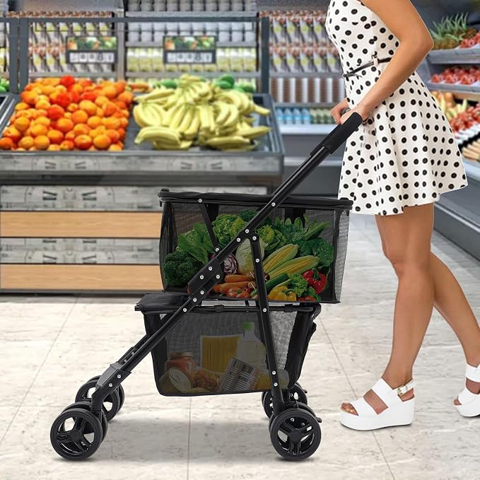 2-in-1 Folding Shopping Cart & Pet Stroller, Lightweight Grocery Cart with 360° Swivel Wheels & Detachable Carry Bags, Multi Use Utility Carts Portable Trolley for Shopping, Picnic and Office, Black