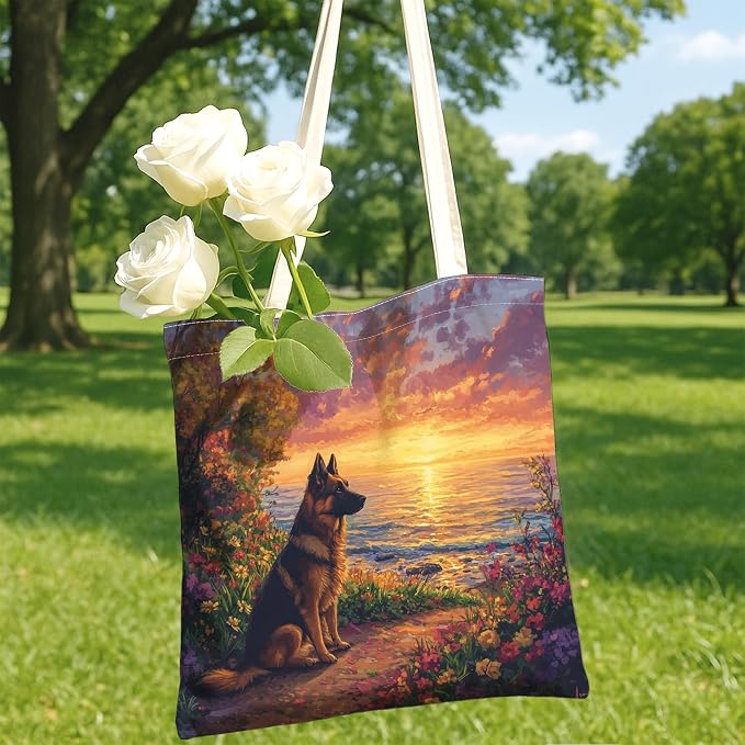 Spring German Shepherd Dog Canvas Tote Bag for Shopping 13 * 15, Floral Sea Landscape Reusable Grocery Shoulder Bag for Women, Pet Painting Gift Decoration