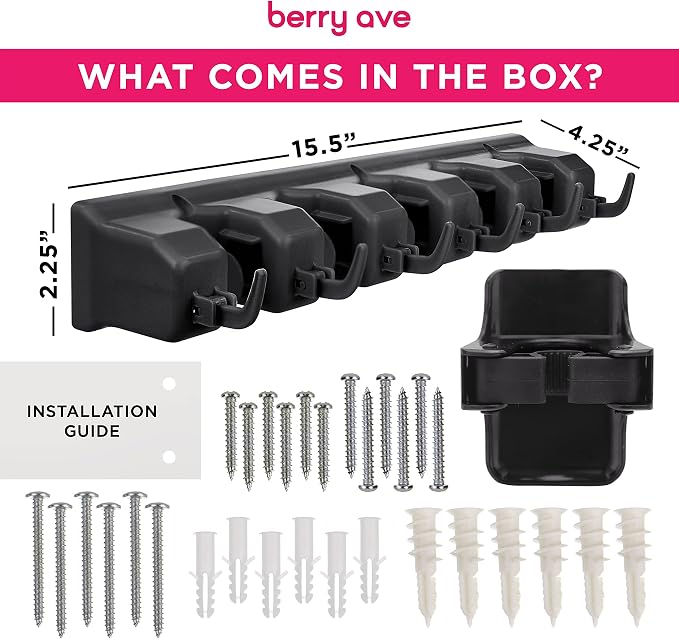 Combo 5 Slot Broom Holder w/ 1 Self Adhesive Mop Gripper No-Drilling, Wall Mount Tool Organizers For Kitchen, Garage, Laundry Room- Anti-Slip Hanger For Brooms, Mops, Rakes, Dustpans (Black / Black)