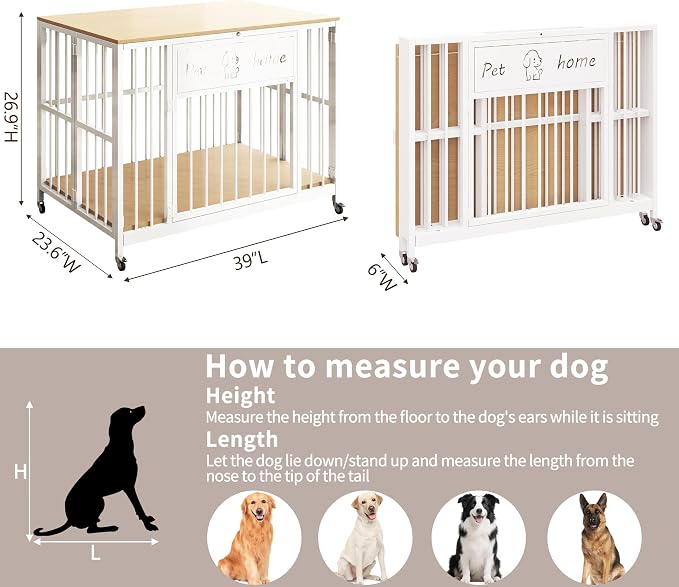 39" Foldable Dog Crate Furniture, Natural Wood | Wooden Construction, RGB Ceiling Lights, Silent Casters, Multi-Purpose End Table TV Stand, For Small Medium Dogs