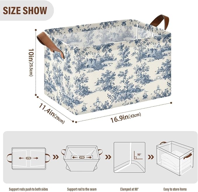 French Country Storage Bins for Shelves with Labels&Handles Fabric Organizer Bin Foldable Rectangle Beige Blue Vintage Storage Basket Boxes for Closet, Bathroom, Home, Living Room