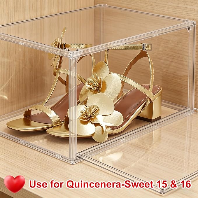 12 Pack Clear Acrylic Shoe Boxes, Wide Magnetic Door Shoe Organizer Size 12 | clear storage boxes for daily shoes, flats, low-top sneakers and closet storage,13.4 x 10.3 x 7.6 in
