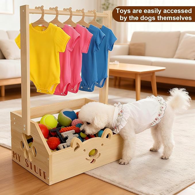 20" x 13.5" x 9" Wooden Dog Closet for Small Dogs - 2-in-1 Clothes Hanger & Storage Basket, with Cute Pet-Face Design, Practical Organizer for Pet Supplies, Home Decor & Dog Gear Tidying
