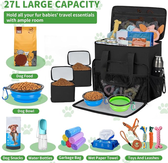 TORIBIO Large Dog Travel Bag for Supplies with Food Bowl | With 2 Food Container and Collapsible Bowls, Mat & Divider, Water-resistant, Pet Travel Kit for Weekend, Road Trips, Camping
