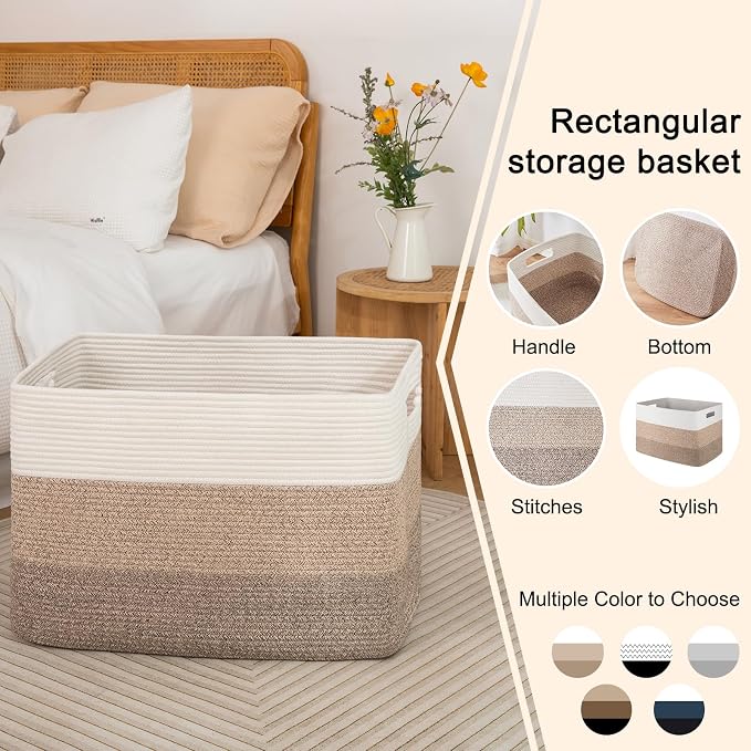 OIAHOMY 108L Large Cotton Rope Basket, Rectangle Woven Baskets for Storage, Nursery Blanket Storage Living Room, Toy Basket With Handle-25”x16”x16”-Gradient Yellow (Pack of 2)
