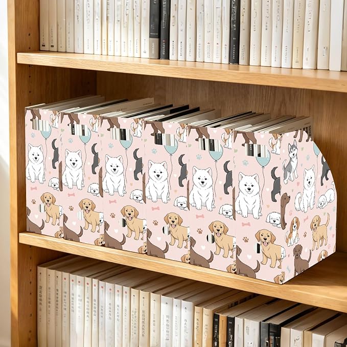 Emelivor Cute Pets Dogs Pink Pattern Magazine Holder Set of 3 Desk File Organizer Foldable Vertical Folder Holder with Labels for Office Organization Book Bins for Library Classroom Home