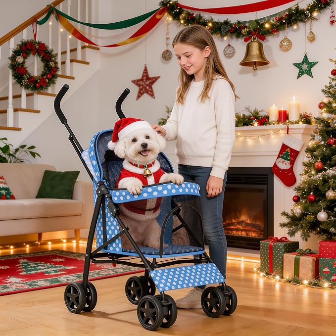 MoNiBloom Pet Stroller for Small/Medium Dogs and Cats, Sky Blue Polka Dots | Foladble 4 Wheels Easy-Fold Puppy Cage Jogger Stroller with Sun Cover, Pad and Rear Storage Bag, Breathable and Visible Mesh