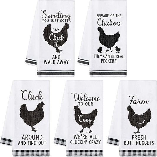 R HORSE 5Pcs Funny Chicken Kitchen Dish Towel Set Absorbent Quick Dry Cloth Dish Tea Towels Reusable Bar Hand Dishcloths Decor for Bathroom Kitchen Home Supplies