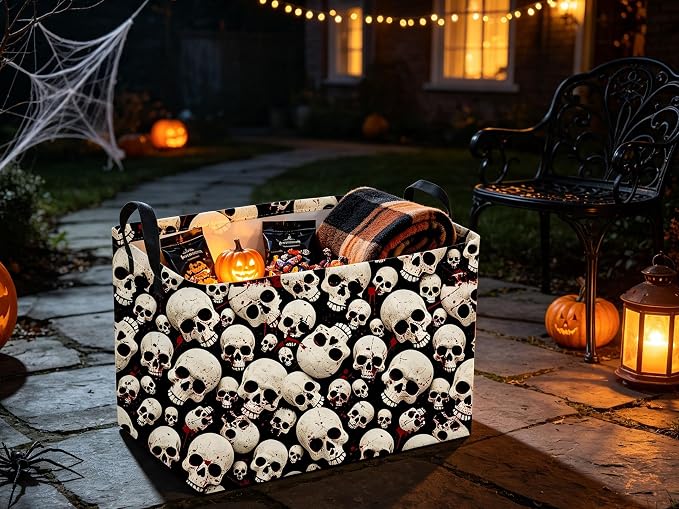 Sanjiaofeng Rectangular Gothic Skull Halloween Storage Basket,Empty Halloween Basket.Cute Baskets for Room Decor, Pumpkin Baskets with Handles.Books Bins,Gifts Box(Skull)