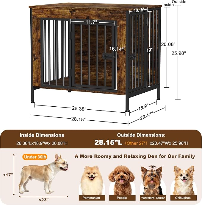 EasyCom 28.15" Dog Crate Furniture for 1 or 2 Dogs, Brown | Fits Dogs 0–20 lbs, Heavy Duty Indoor Kennel, Works as TV Stand for Small Pets