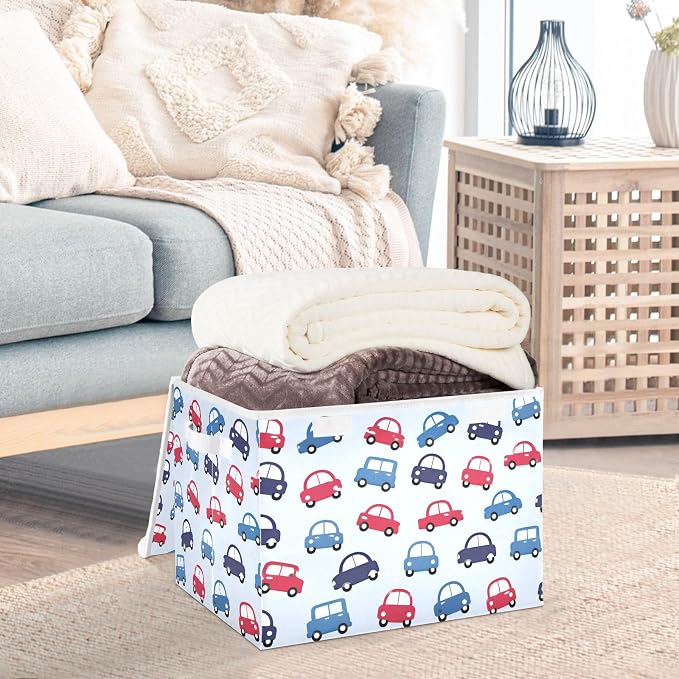 Storage Bins with Lid Toy Car Foldable Storage Boxes 40L Baskets | Decorative Storage Boxes, 300D Oxford Cloth, Hollow Board Frame, Flip Top Velcro Lid, 16.5x12.6x11.8 inch, Collapsible Design