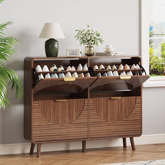 Shoe Storage Cabinet with 4 Flip Drawers for Entryway, 47.4" Freestanding Hidden Shoe Rack Cabinet, Narrow Shoe Organizer for Hallway, Foyer (Walnut, 4 Doors)