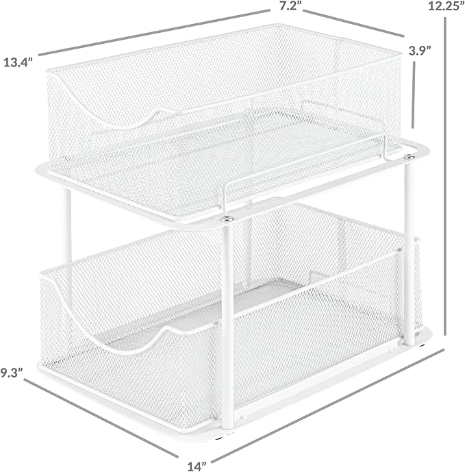 Sorbus Pull-Out Under Sink Organizer, Mesh Construction (White, 1 Pack) | Two-tier metal organization with strong steel and sliding drawers for bathrooms, kitchens, cabinets, closets and pantries.