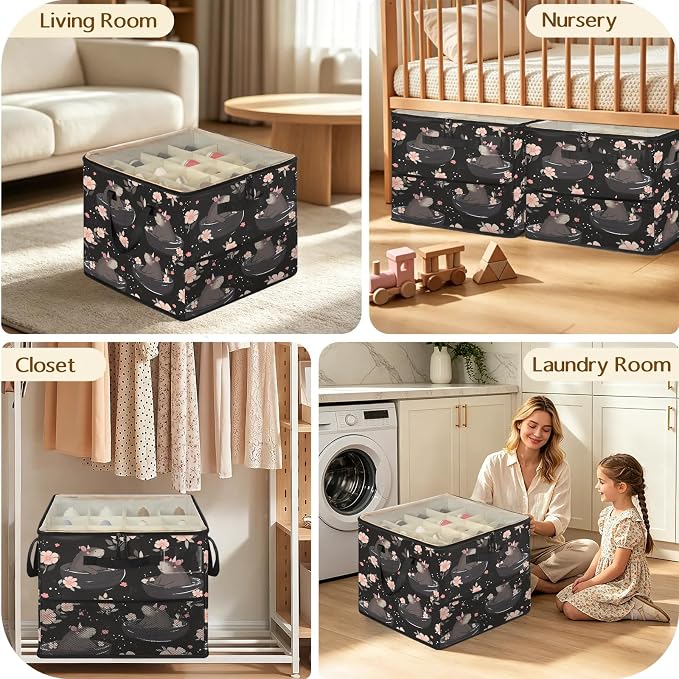 TropicalLife Capybara Cherry Blossom Shoe Organizer for Closet | Foldable Shoe Storage Organizer Box Bin with Adjustable Dividers and Clear Cover, Fits up to 16-32 Pairs