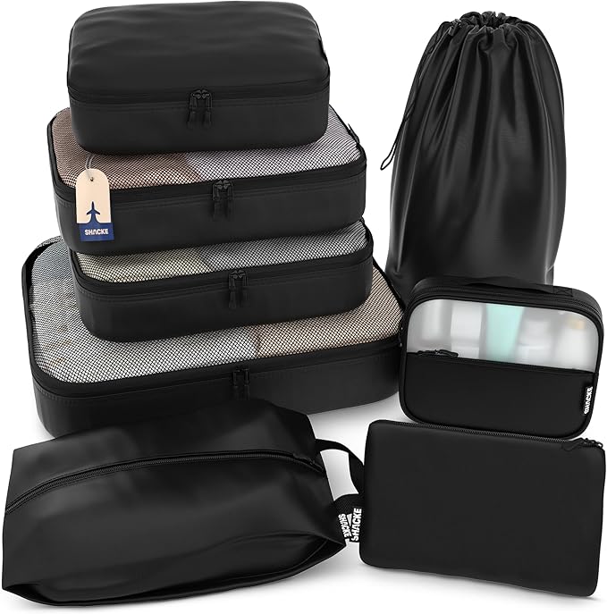 Shacke 8 Set Packing Cubes for Travel, Shoe & Toiletry Bags (Air Black) | Complete Suitcase Organizer Bags Set: 4 Luggage Packing Cubes + Laundry, Shoe, Toiletry & Accessories Bags for Any Trip