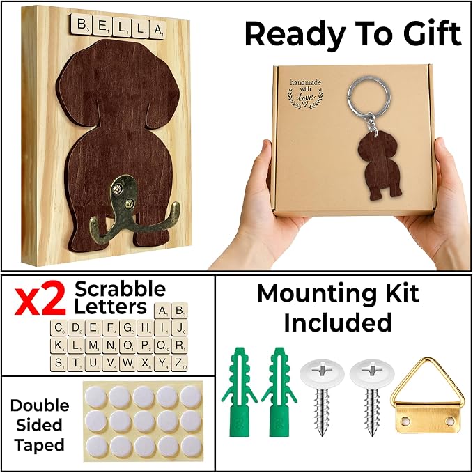 Beagle Dog Leash Holder Wall Mount with Scrabble Letters, Wooden Dog Wall Hook Organizer, Pet Collar and Harness Hanger for Entryway, Key Hook Gift for Pet Lovers, Home Decoration PF297-8