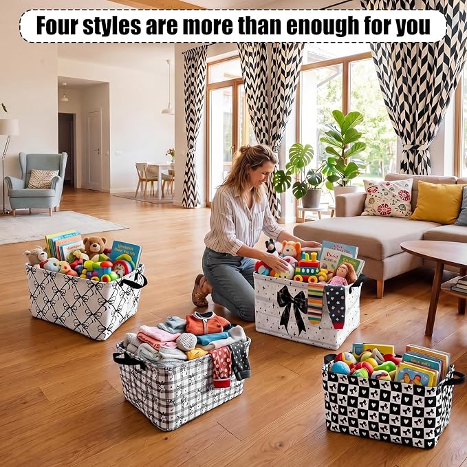 4 Pcs Coquette Black Bow Storage Basket for Gifts Dark Preppy Girly Collapsible Fabric Storage Bins with Handle Foldable Laundry Organizer for Home Bedrooms Baby Clothes Toys Books