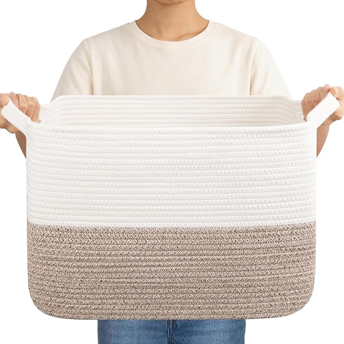 OIAHOMY Woven Storage Basket for Shelves, Rectangle Cotton Rope Baskets for Organizing, 16.5 x 13 x 11.8 in, Storage Bins for Dog Toys,Towel,Books,Gift,Brown and White