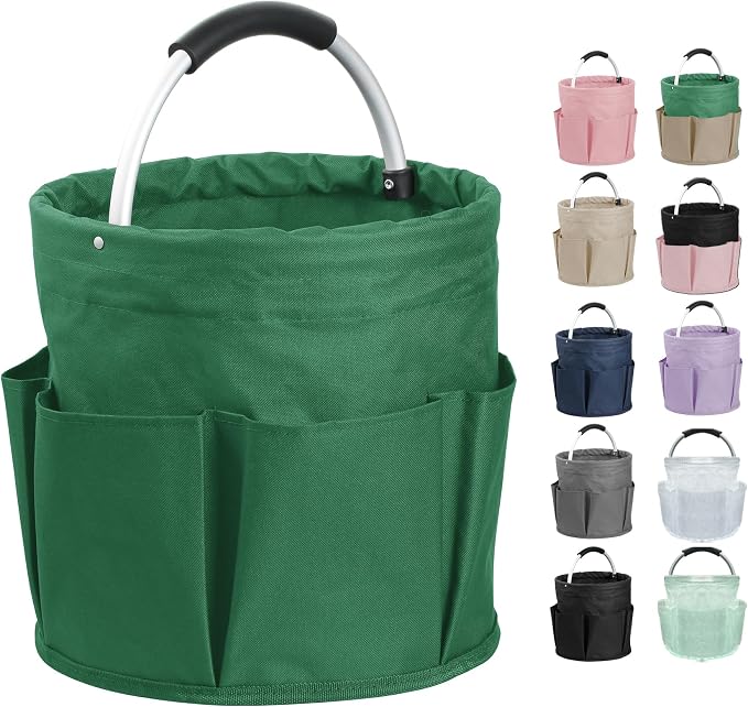 17L Cleaning Caddy with Handle, 600D Oxford Cleaning Supply Caddy with 6 Pockets, Foldable Tool Bucket Organizer for Housekeeping, Gardening, Car Detailing, Traveling, Camping, Green