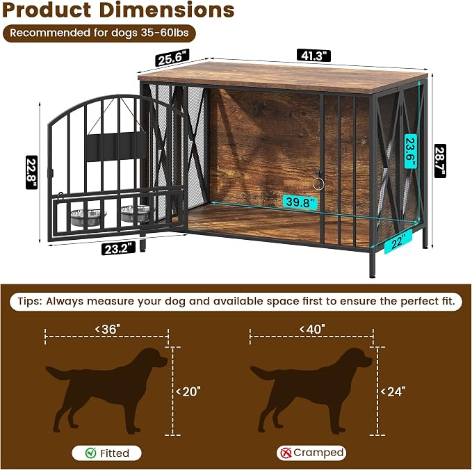 BOINN 41.3" Dog Crate Furniture Foldable, No Assembly Decorative Dog Kennel Indoor, Wooden Dog Crates with 360° Rotating Bowls and Name Tag, Rustic End Table for Medium/Large Dogs