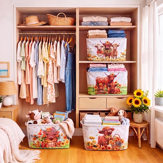 4 Pcs Highland Cow Storage Bin Collapsible Western Cow Themed Fabric Storage Basket with Handle American Country Style Organizer for Home Bathroom Bedrooms Baby Clothes Toys Books