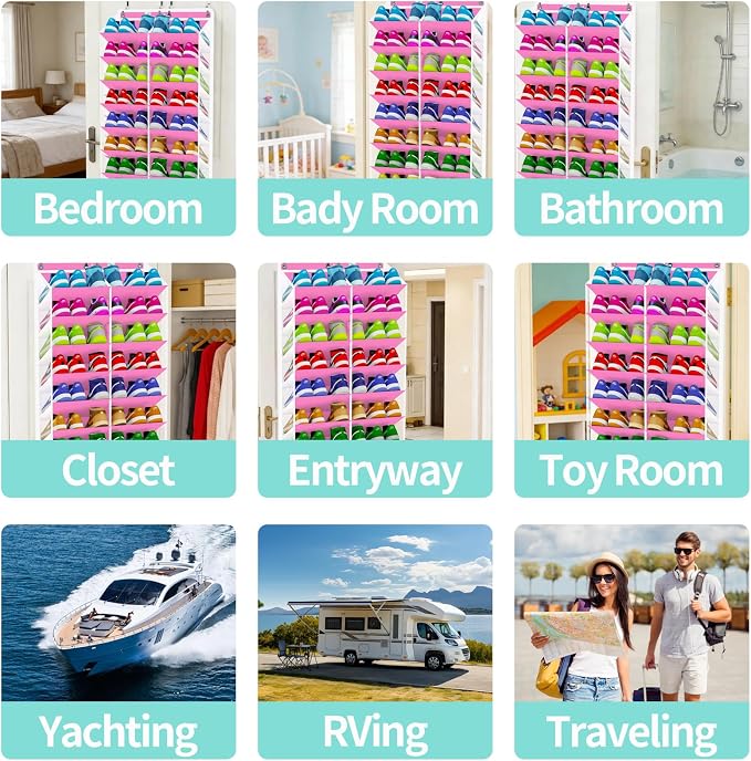 Heavy-Duty over the Door Shoe Organizer, Extra-Wide Large, Holds 30 Pairs & Supports 100lbs, with Reinforced Grommets & Bamboo Rods, Fits Men's Size 12 & Boots, Pink
