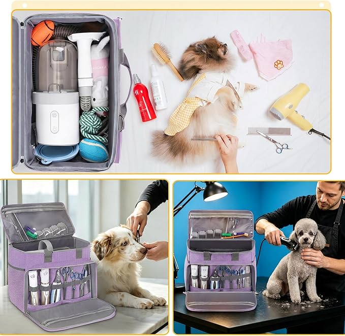 Dog Cat Grooming Bag for Vacuum,Scissors,Dog Grooming Kit Supplies | Portable Pet Grooming Supplies Organizer Tote Bag for Dogs Cats Grooming Kit Trimmer Tool Accessories Purple(Bag Only)