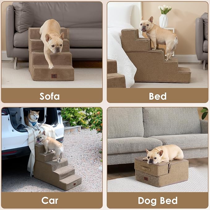 EHEYCIGA Dog Stairs for Bed 18" H, 4-Step Dog Steps for High Bed, Camel | Pet Steps for Small Dogs and Cats, Non-Slip Balanced Pet Ramp Indoor