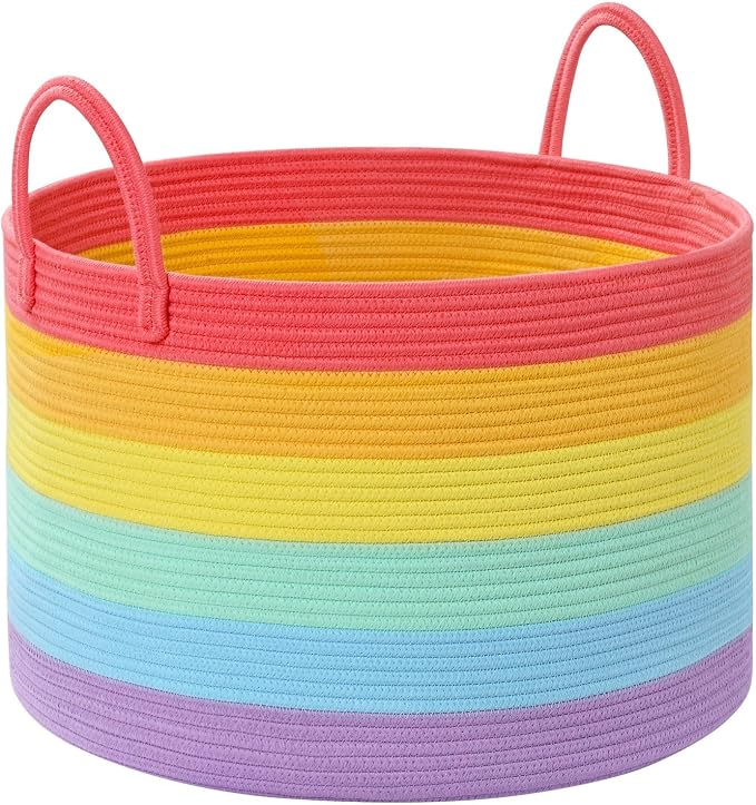 67L Large Rainbow Blanket Basket, Cotton Rope Baby Laundry Hamper with Handles, Kids Toy Basket for Classroom & Nursery, Soft Round Stuffed Animal Storage, Dog Toy Bin - 20"x13", Rainbow
