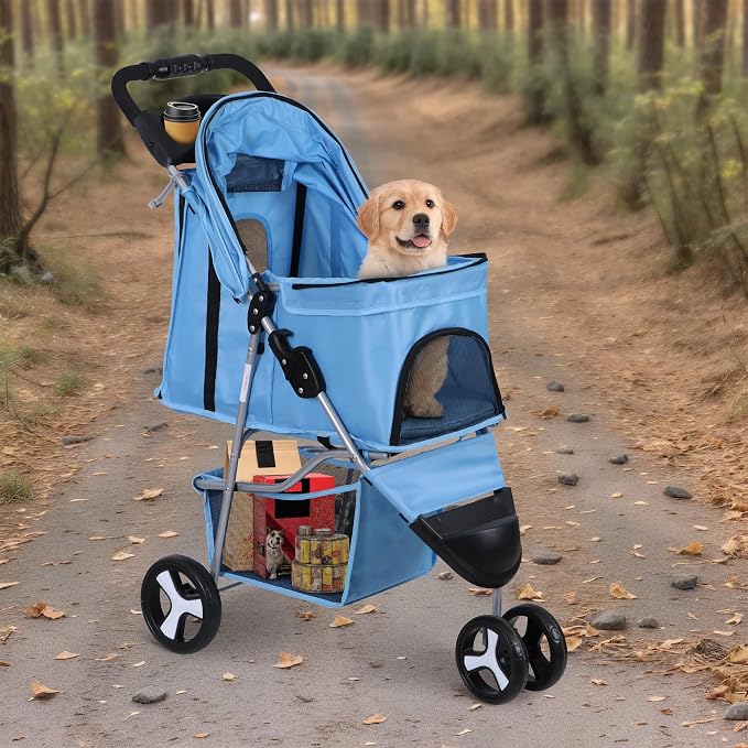 3 Wheels Dog Stroller Folding Pet Strolling Cart for Small Medium Cats Puppies Portable Jogger Travel Camping Puppy Carrier with Storage Basket Cup Holder, Blue