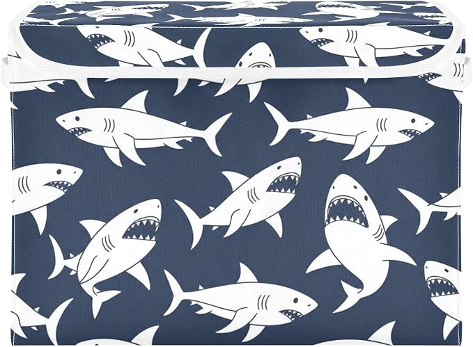 Ocean Angry Sharks Storage Bins with Lids Closet Bedroom 40L Storage Basket | Decorative Storage Boxes, Foldable & Stackable, Dust-Proof Flip Top, Reinforced Handles, For Home & Dorm, Clothes & Toy Box