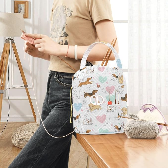 Cute Pets White Dogs Crochet Bag Organizer Portable Yarn Storage Bags with Handle Yarn Holder Small Crochet Accessories Knitting Bag for Knitting Kit Supplies Travel