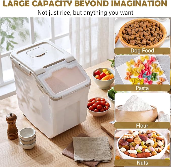 Sunnyray 4 Pcs 55 lbs Grain Rice Storage Container Flour Bin with Wheels Cup Leak Proof Pet Food Storage Boxes Seal Locking Lid Plastic Rice Containers Set for Cereal Flour Cat Dog Food (Beige)