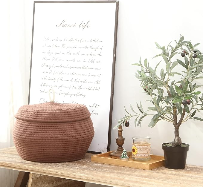 Sea Team Round Woven Cotton Rope Storage Basket with Lid, Brown | Lidded Knitted Decorative Storage Bin, Pot, Caddy, Organizer, Container for Snacks, Towels, Plants, 13 x 9 Inches