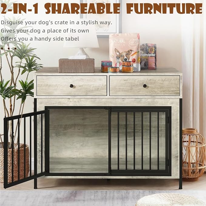 LEMBERI 44 Inch Large Dog Crate Furniture with 2 Storage Drawers | Indoor wooden kennel with decorative finish. Use as pet cage, dog house, or side table. Sturdy for large breeds